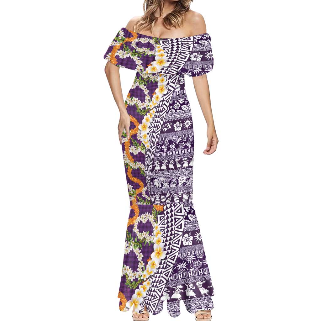 Hawaiian Plumeria Lei Mermaid Dress Kakau Motifs and Palaka Half Style Purple Color - Polynesian Pride
