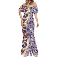 Hawaiian Plumeria Lei Mermaid Dress Kakau Motifs and Palaka Half Style Purple Color - Polynesian Pride