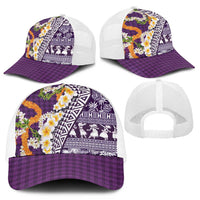 Hawaiian Plumeria Lei Mesh Trucker Cap Kakau Motifs and Palaka Half Style Purple Color - Polynesian Pride