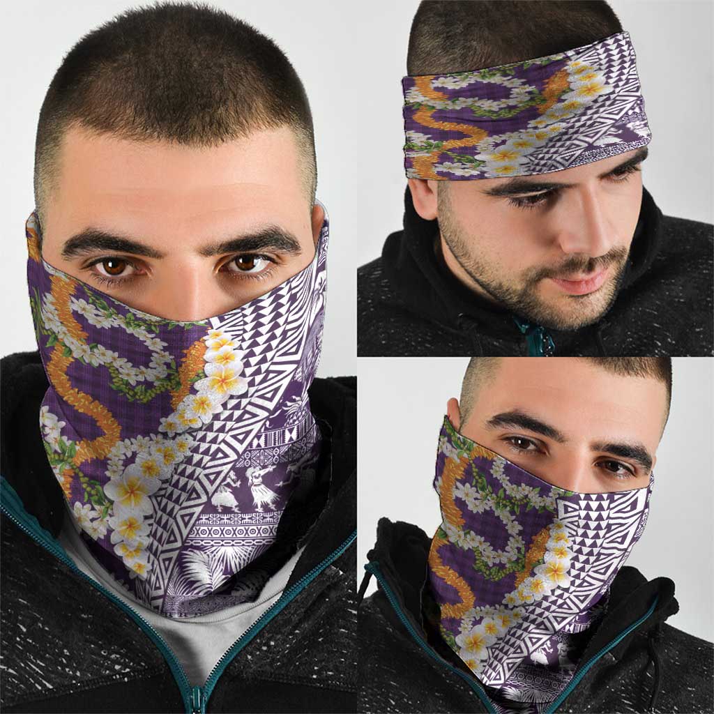 Hawaiian Plumeria Lei Neck Gaiter Kakau Motifs and Palaka Half Style Purple Color - Polynesian Pride