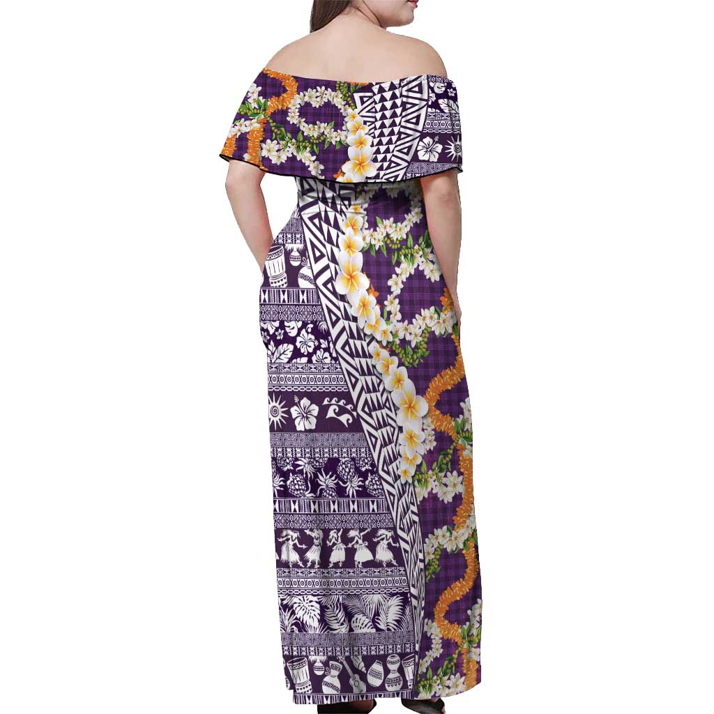 Hawaiian Plumeria Lei Off Shoulder Maxi Dress Kakau Motifs and Palaka Half Style Purple Color - Polynesian Pride