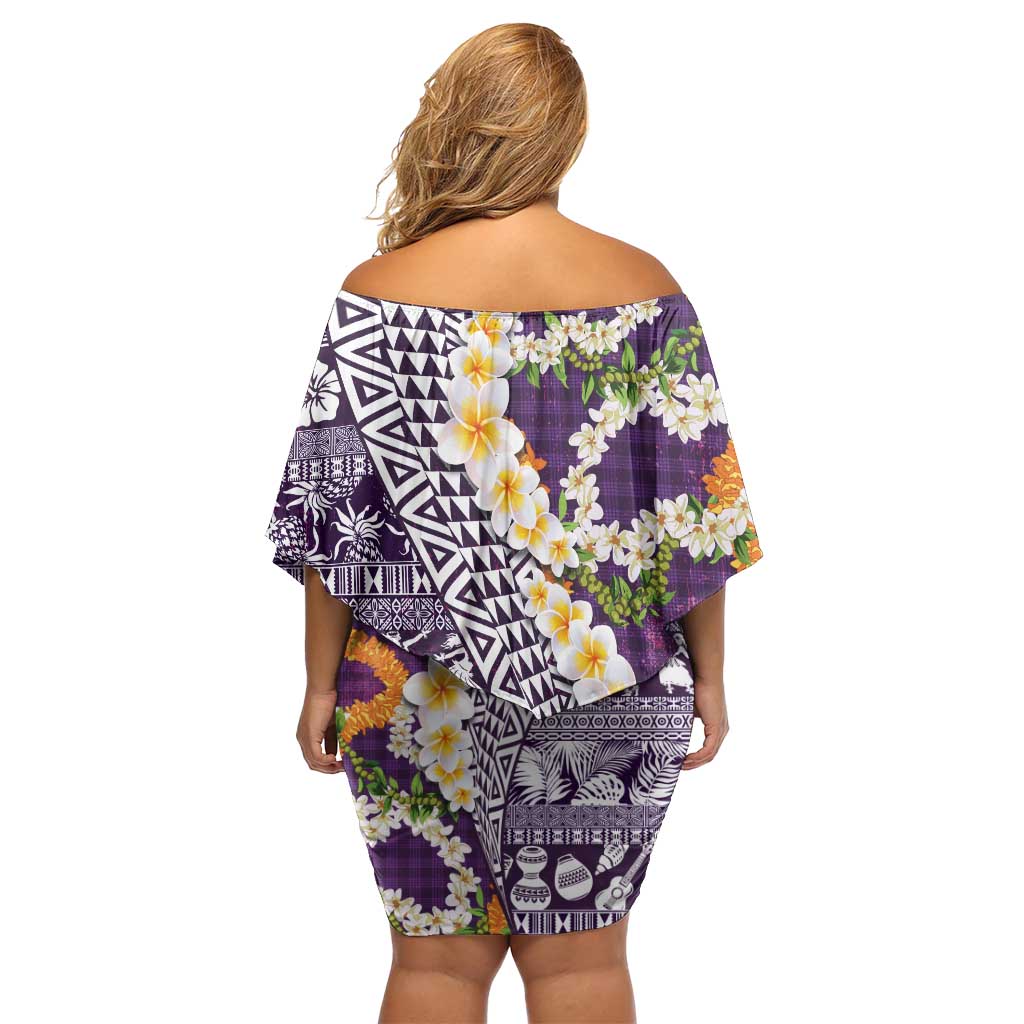 Hawaiian Plumeria Lei Off Shoulder Short Dress Kakau Motifs and Palaka Half Style Purple Color - Polynesian Pride