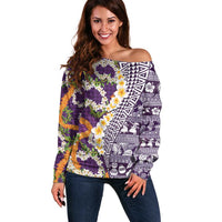 Hawaiian Plumeria Lei Off Shoulder Sweater Kakau Motifs and Palaka Half Style Purple Color - Polynesian Pride