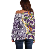 Hawaiian Plumeria Lei Off Shoulder Sweater Kakau Motifs and Palaka Half Style Purple Color - Polynesian Pride