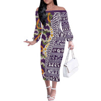 Hawaiian Plumeria Lei Off The Shoulder Long Sleeve Dress Kakau Motifs and Palaka Half Style Purple Color - Polynesian Pride
