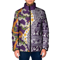Hawaiian Plumeria Lei Padded Jacket Kakau Motifs and Palaka Half Style Purple Color - Polynesian Pride