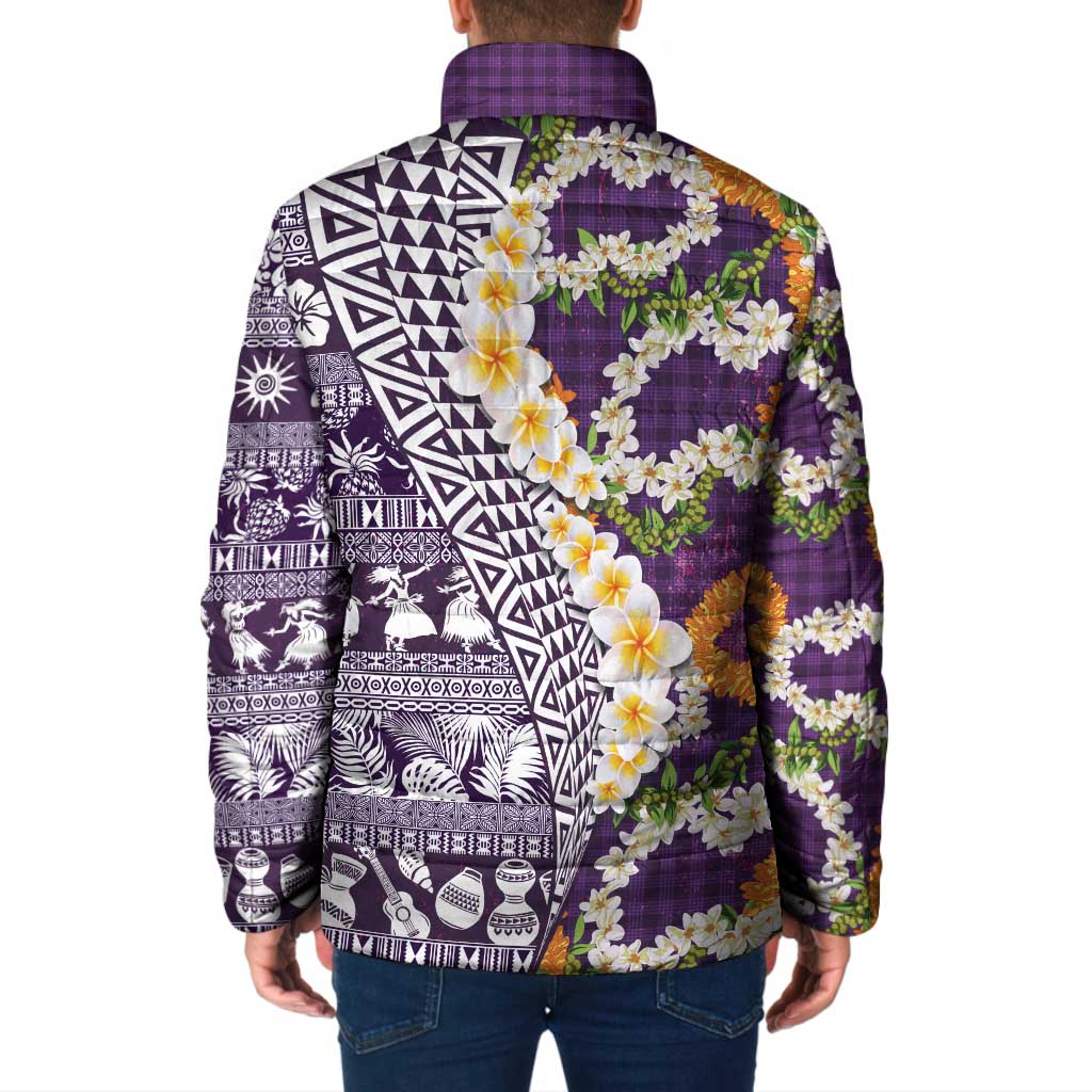 Hawaiian Plumeria Lei Padded Jacket Kakau Motifs and Palaka Half Style Purple Color - Polynesian Pride