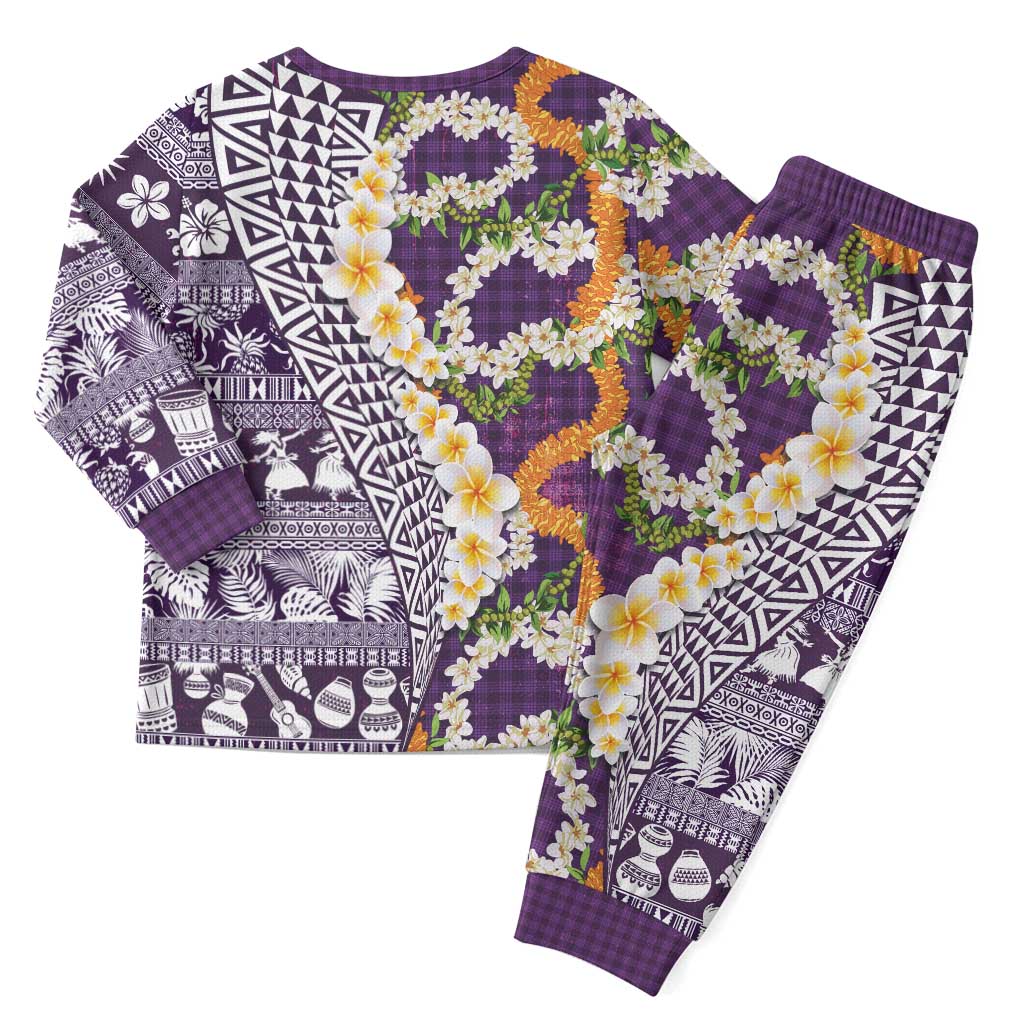 Hawaiian Plumeria Lei Christmas Pajama Set Kakau Motifs and Palaka Half Style Purple Color - Polynesian Pride