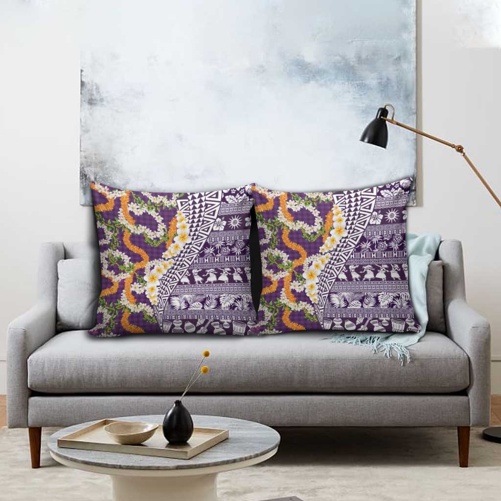 Hawaiian Plumeria Lei Pillow Cover Kakau Motifs and Palaka Half Style Purple Color - Polynesian Pride