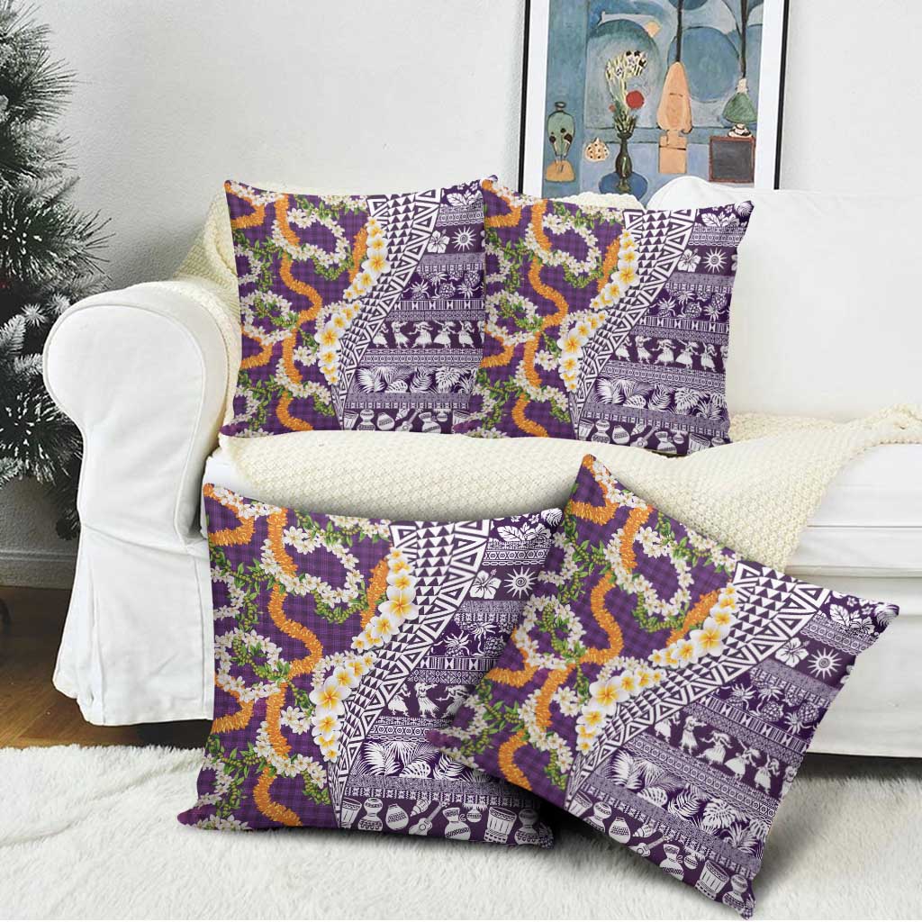 Hawaiian Plumeria Lei Pillow Cover Kakau Motifs and Palaka Half Style Purple Color - Polynesian Pride