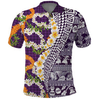 Hawaiian Plumeria Lei Polo Shirt Kakau Motifs and Palaka Half Style Purple Color - Polynesian Pride