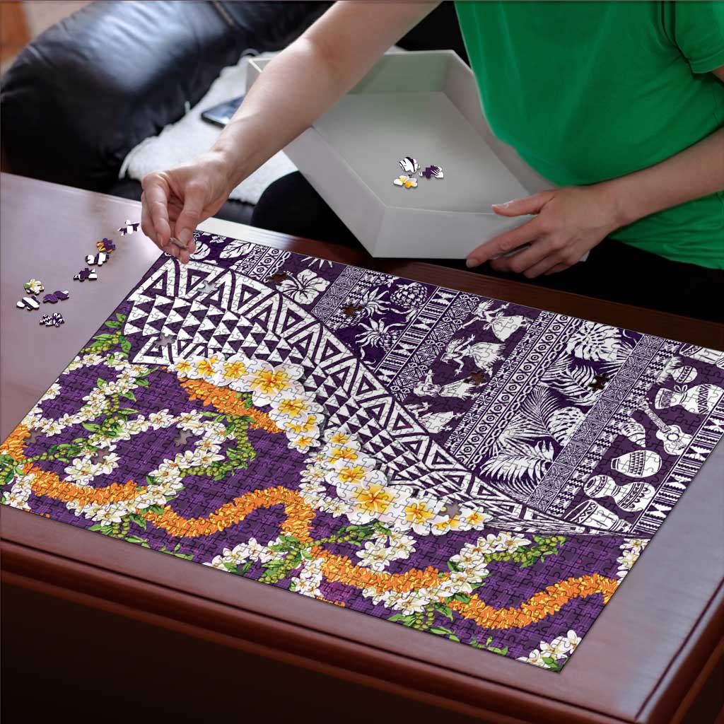 Hawaiian Plumeria Lei Puzzle Kakau Motifs and Palaka Half Style Purple Color - Polynesian Pride
