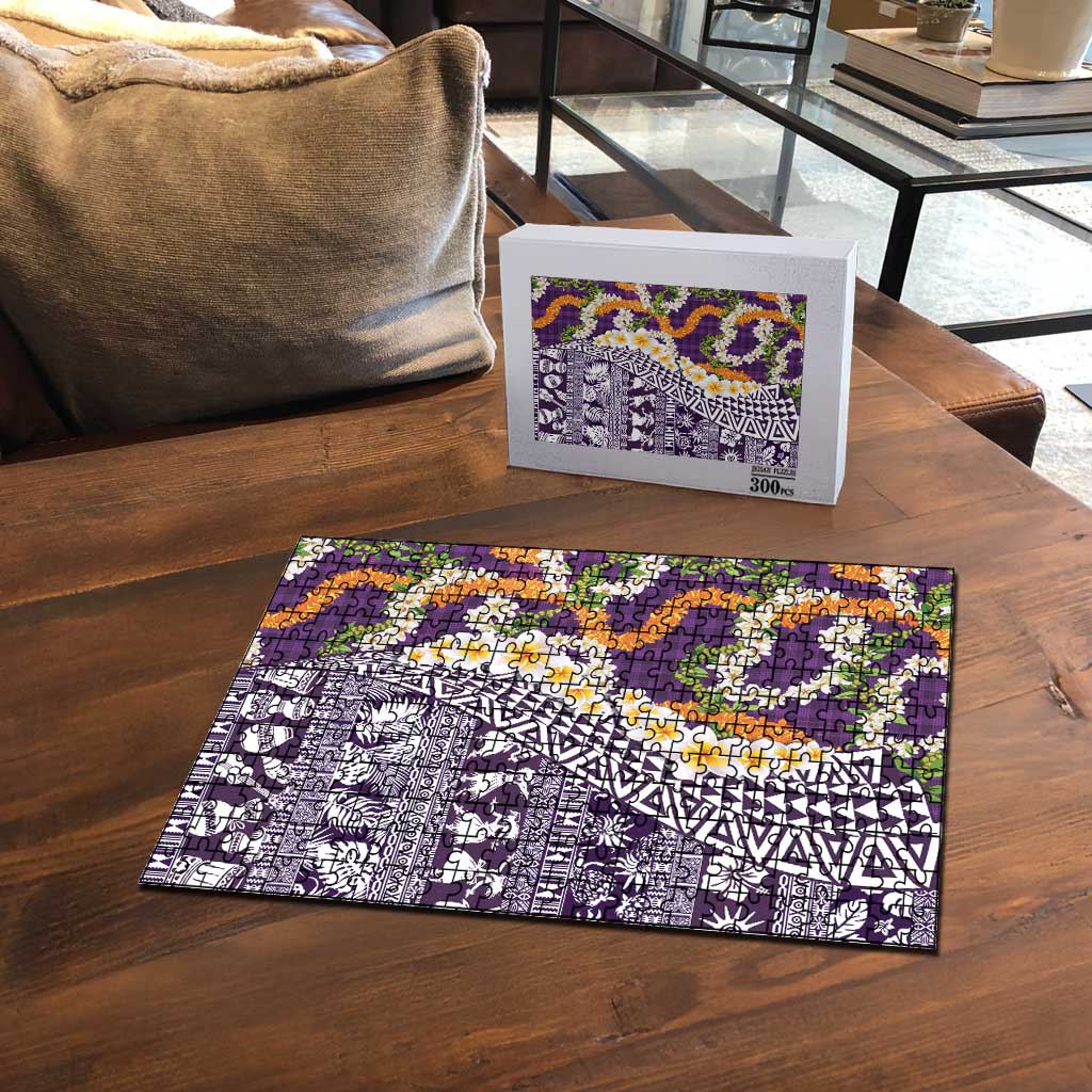 Hawaiian Plumeria Lei Puzzle Kakau Motifs and Palaka Half Style Purple Color - Polynesian Pride
