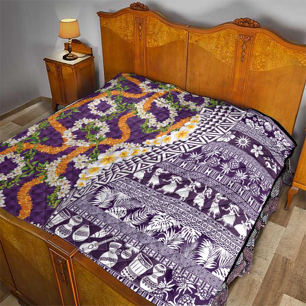 Hawaiian Plumeria Lei Quilt Kakau Motifs and Palaka Half Style Purple Color - Polynesian Pride