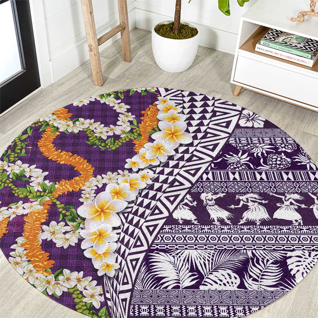 Hawaiian Plumeria Lei Round Carpet Kakau Motifs and Palaka Half Style Purple Color LT03 Purple - Polynesian Pride