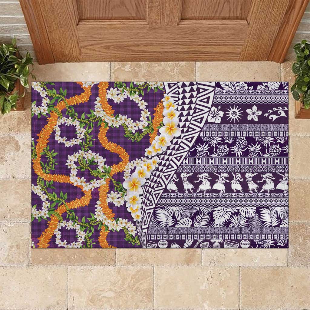 Hawaiian Plumeria Lei Rubber Doormat Kakau Motifs and Palaka Half Style Purple Color - Polynesian Pride