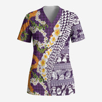 Hawaiian Plumeria Lei Scrub Top Kakau Motifs and Palaka Half Style Purple Color - Polynesian Pride