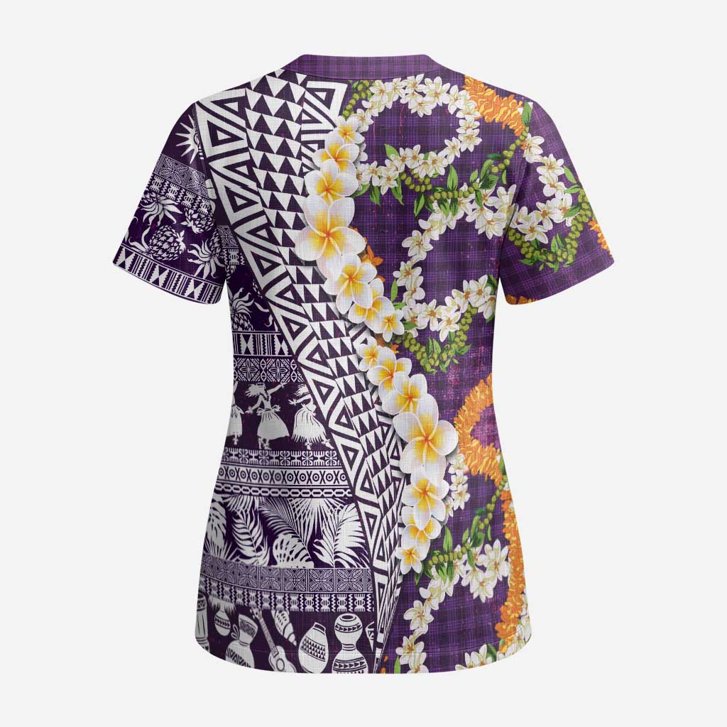 Hawaiian Plumeria Lei Scrub Top Kakau Motifs and Palaka Half Style Purple Color - Polynesian Pride