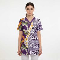 Hawaiian Plumeria Lei Scrub Top Kakau Motifs and Palaka Half Style Purple Color - Polynesian Pride