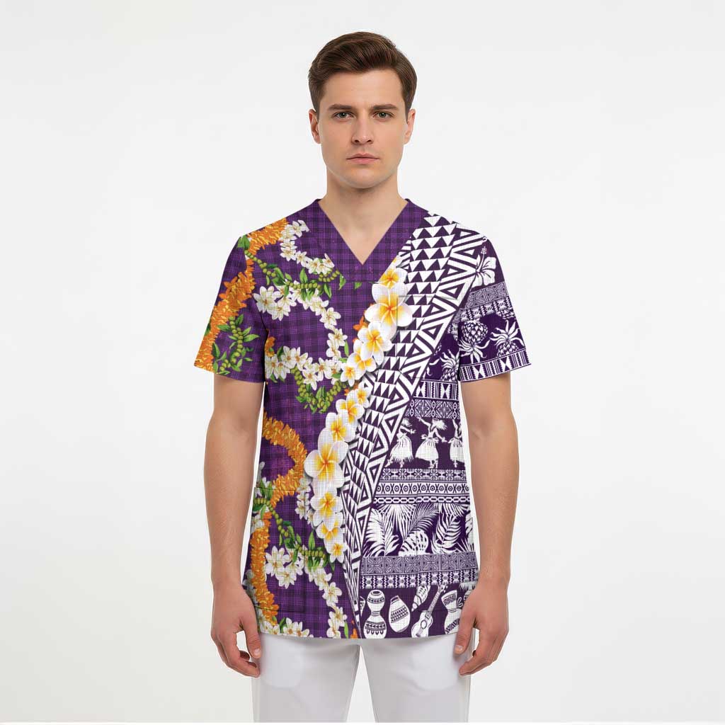 Hawaiian Plumeria Lei Scrub Top Kakau Motifs and Palaka Half Style Purple Color - Polynesian Pride