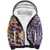 Hawaiian Plumeria Lei Sherpa Hoodie Kakau Motifs and Palaka Half Style Purple Color - Polynesian Pride