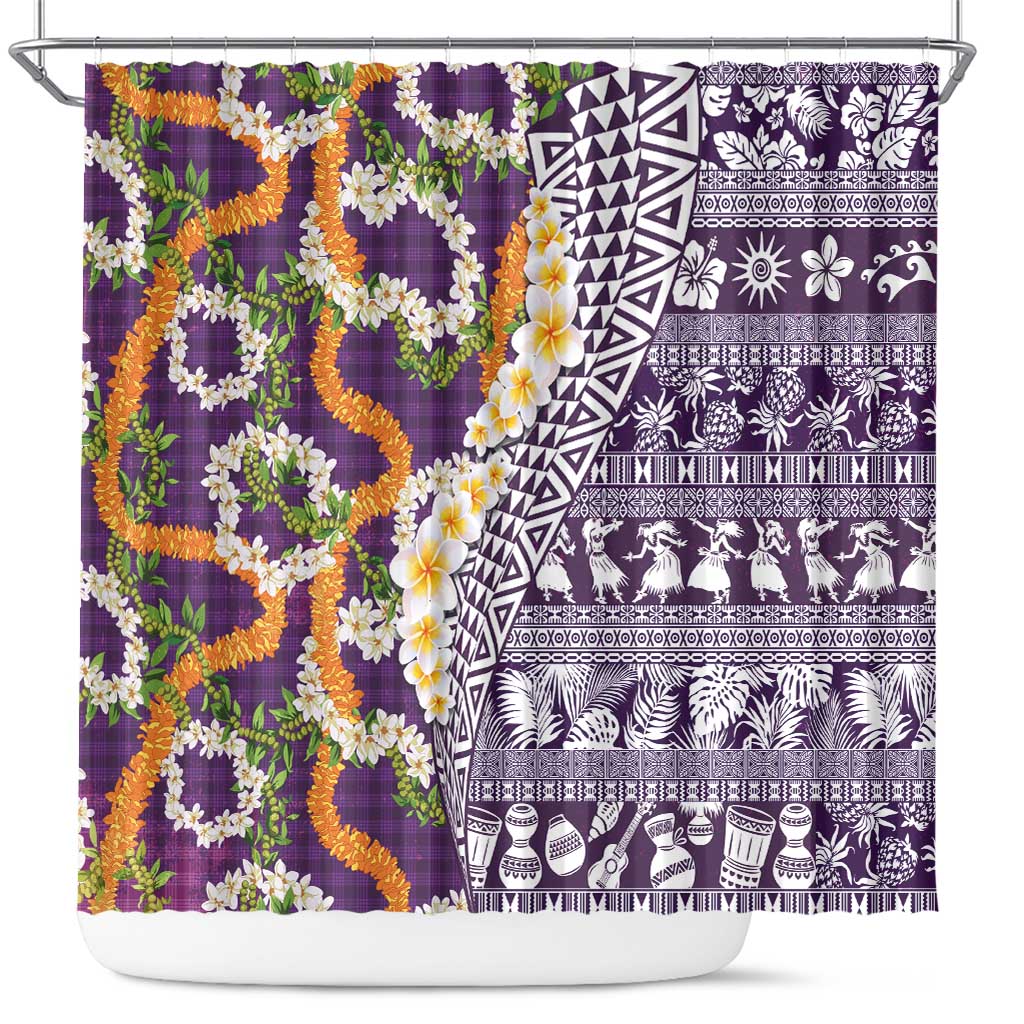 Hawaiian Plumeria Lei Shower Curtain Kakau Motifs and Palaka Half Style Purple Color - Polynesian Pride