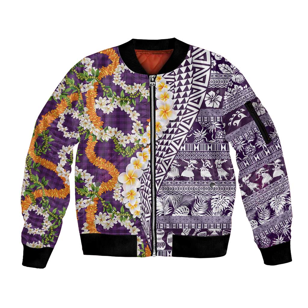 Hawaiian Plumeria Lei Sleeve Zip Bomber Jacket Kakau Motifs and Palaka Half Style Purple Color - Polynesian Pride