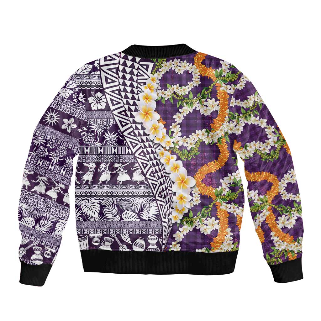 Hawaiian Plumeria Lei Sleeve Zip Bomber Jacket Kakau Motifs and Palaka Half Style Purple Color - Polynesian Pride