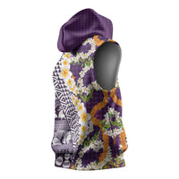 Hawaiian Plumeria Lei Sleeveless Hoodie Kakau Motifs and Palaka Half Style Purple Color - Polynesian Pride