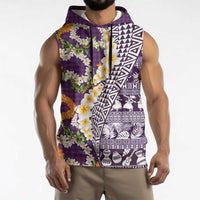 Hawaiian Plumeria Lei Sleeveless Hoodie Kakau Motifs and Palaka Half Style Purple Color - Polynesian Pride