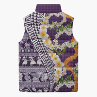 Hawaiian Plumeria Lei Sleeveless Puffer Jacket Kakau Motifs and Palaka Half Style Purple Color - Polynesian Pride