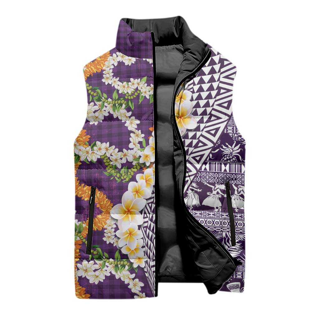 Hawaiian Plumeria Lei Sleeveless Puffer Jacket Kakau Motifs and Palaka Half Style Purple Color - Polynesian Pride