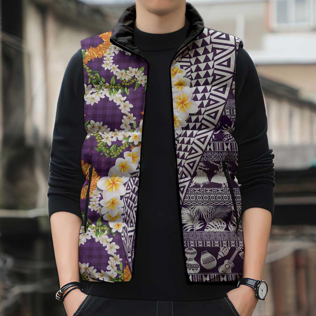 Hawaiian Plumeria Lei Sleeveless Puffer Jacket Kakau Motifs and Palaka Half Style Purple Color - Polynesian Pride