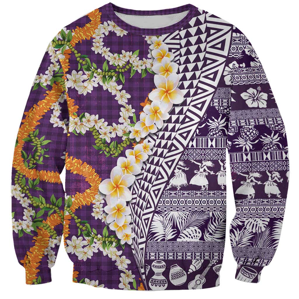 Hawaiian Plumeria Lei Sweatshirt Kakau Motifs and Palaka Half Style Purple Color - Polynesian Pride