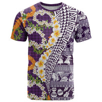 Hawaiian Plumeria Lei T Shirt Kakau Motifs and Palaka Half Style Purple Color - Polynesian Pride