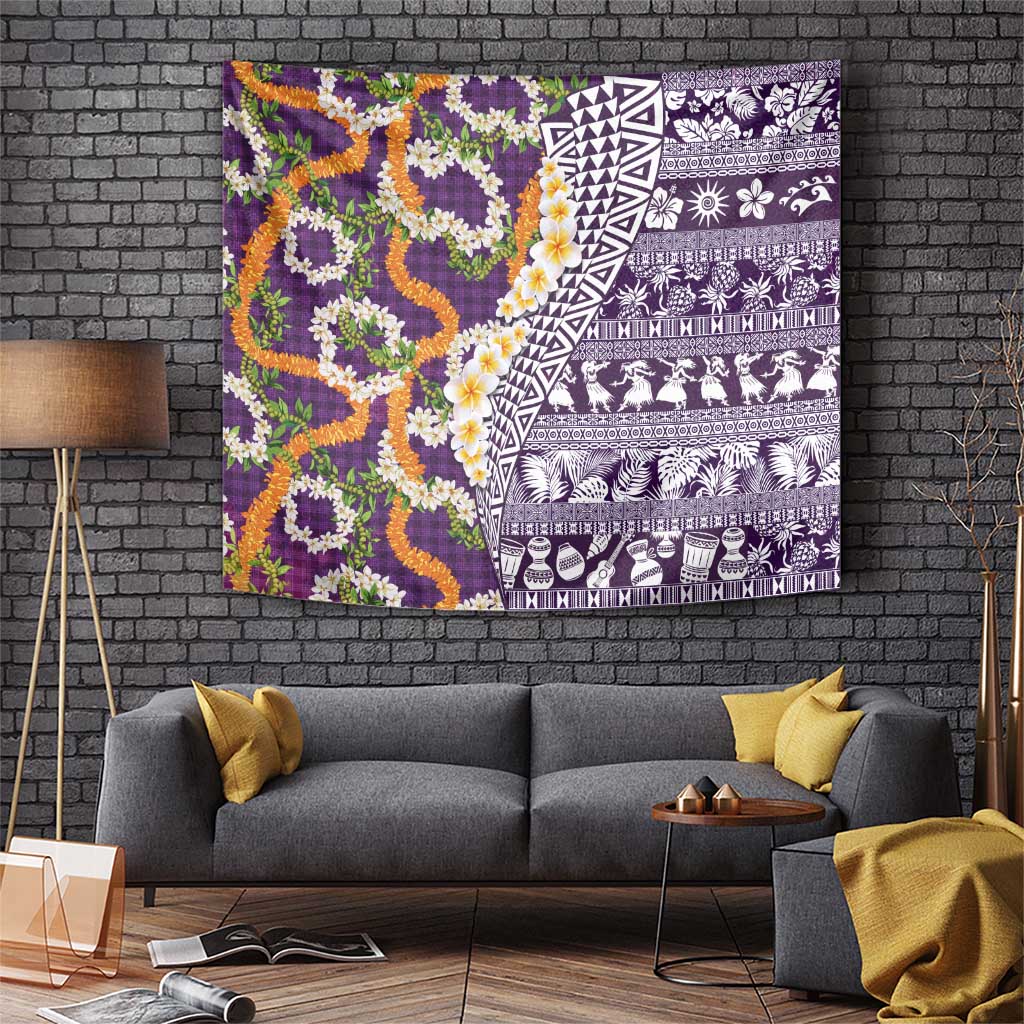 Hawaiian Plumeria Lei Tapestry Kakau Motifs and Palaka Half Style Purple Color - Polynesian Pride