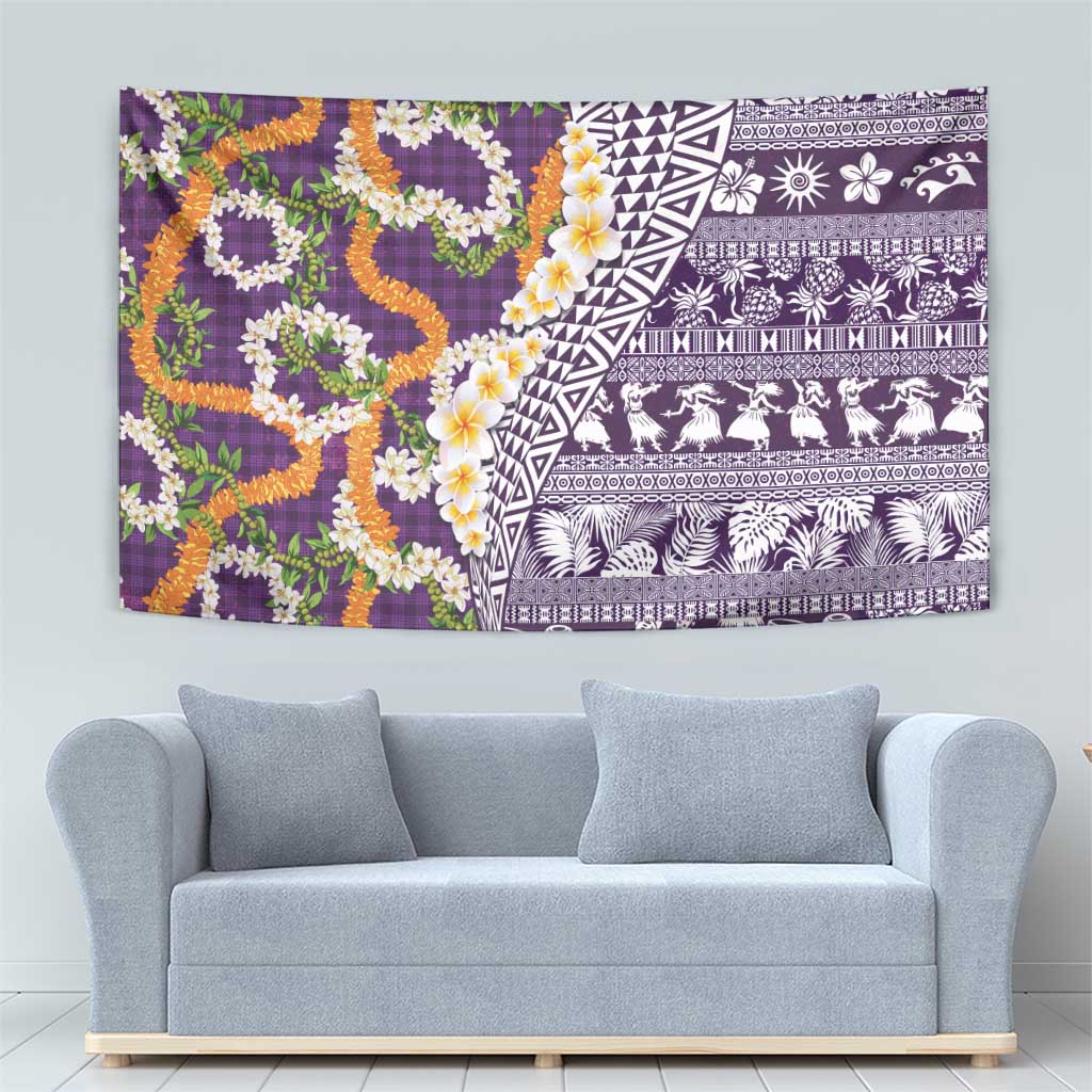 Hawaiian Plumeria Lei Tapestry Kakau Motifs and Palaka Half Style Purple Color - Polynesian Pride