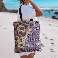 Hawaiian Plumeria Lei Tote Bag Kakau Motifs and Palaka Half Style Purple Color - Polynesian Pride