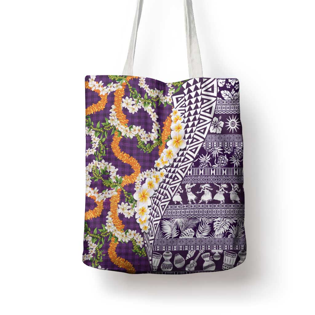 Hawaiian Plumeria Lei Tote Bag Kakau Motifs and Palaka Half Style Purple Color - Polynesian Pride