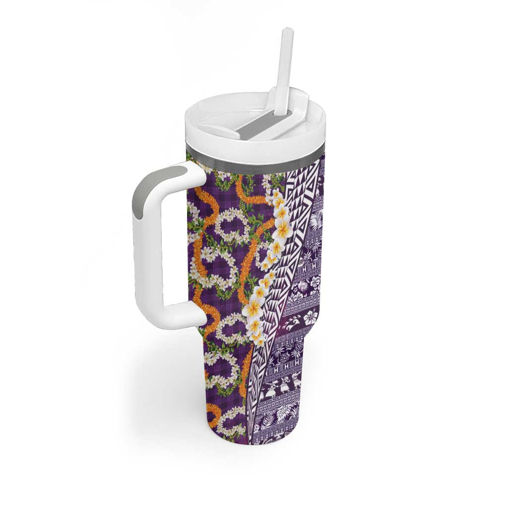 Hawaiian Plumeria Lei Tumbler With Handle Kakau Motifs and Palaka Half Style Purple Color - Polynesian Pride