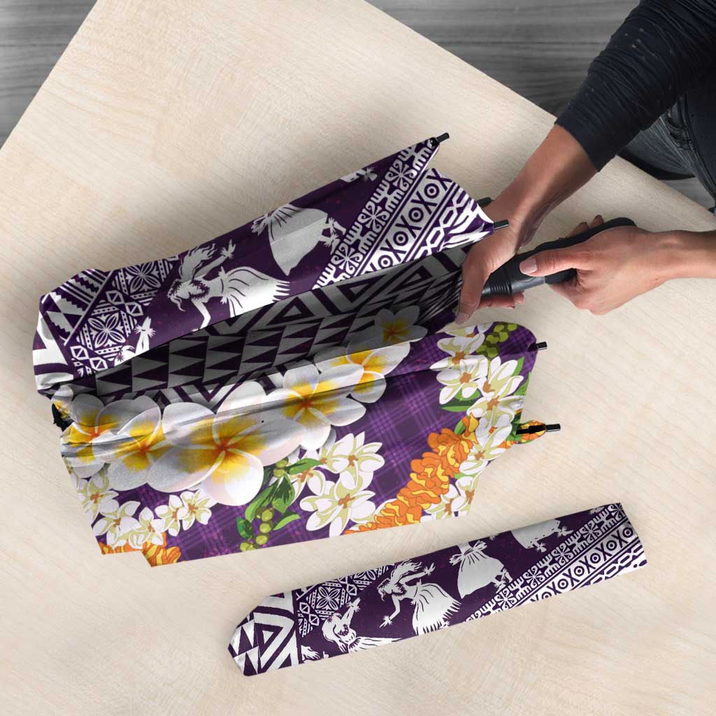 Hawaiian Plumeria Lei Umbrella Kakau Motifs and Palaka Half Style Purple Color - Polynesian Pride
