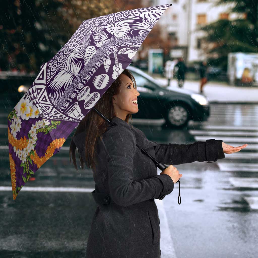 Hawaiian Plumeria Lei Umbrella Kakau Motifs and Palaka Half Style Purple Color - Polynesian Pride