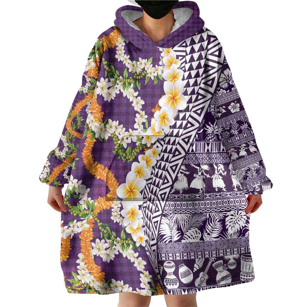 Hawaiian Plumeria Lei Wearable Blanket Hoodie Kakau Motifs and Palaka Half Style Purple Color - Polynesian Pride