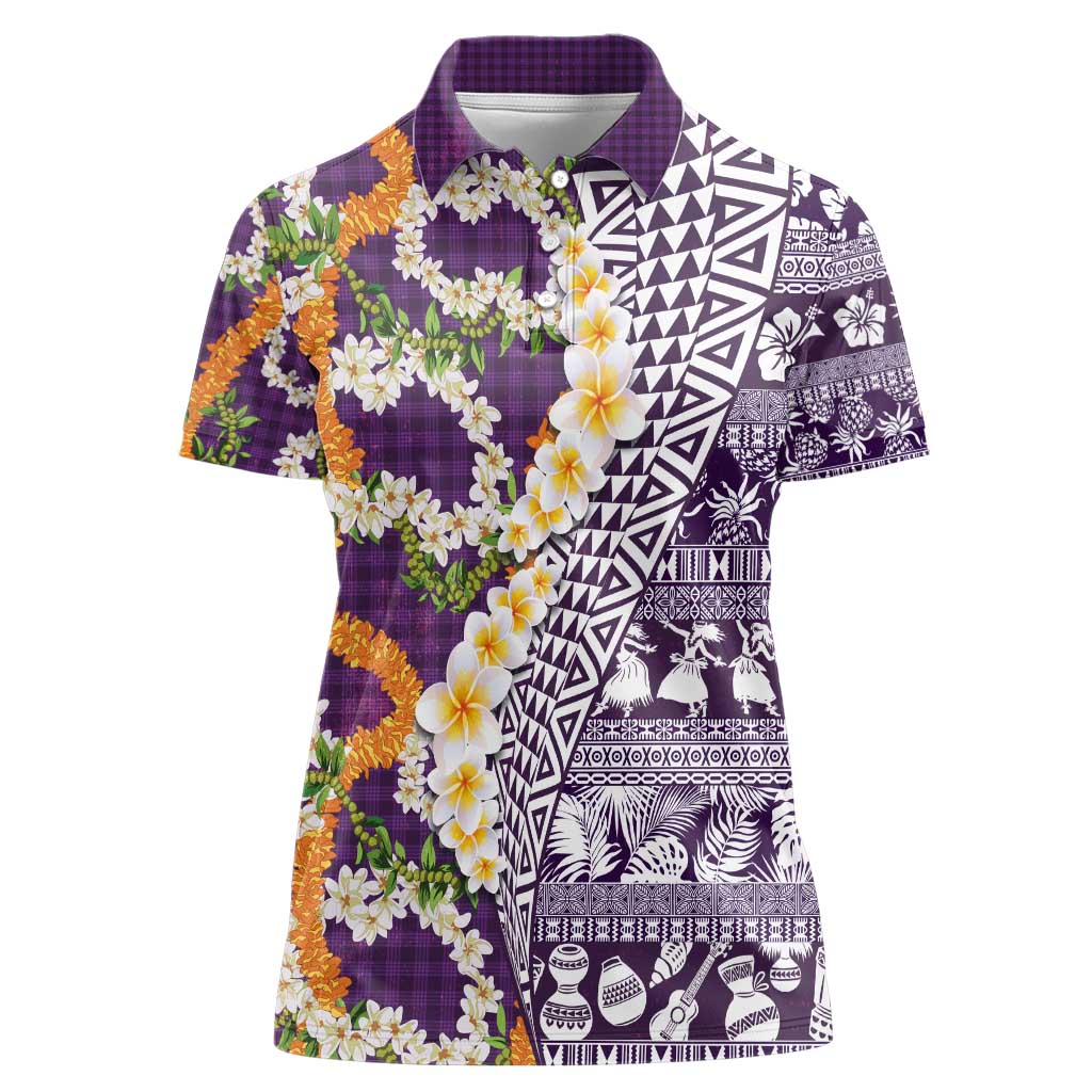 Hawaiian Plumeria Lei Women Polo Shirt Kakau Motifs and Palaka Half Style Purple Color - Polynesian Pride