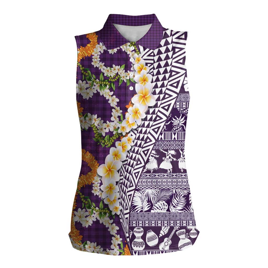 Hawaiian Plumeria Lei Women Sleeveless Polo Shirt Kakau Motifs and Palaka Half Style Purple Color - Polynesian Pride