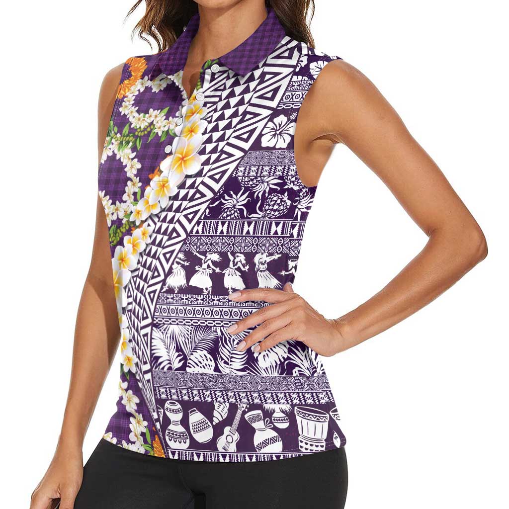 Hawaiian Plumeria Lei Women Sleeveless Polo Shirt Kakau Motifs and Palaka Half Style Purple Color - Polynesian Pride