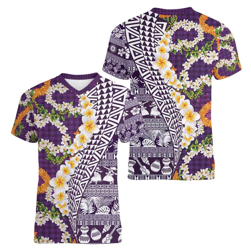 Hawaiian Plumeria Lei Women V-Neck T-Shirt Kakau Motifs and Palaka Half Style Purple Color - Polynesian Pride