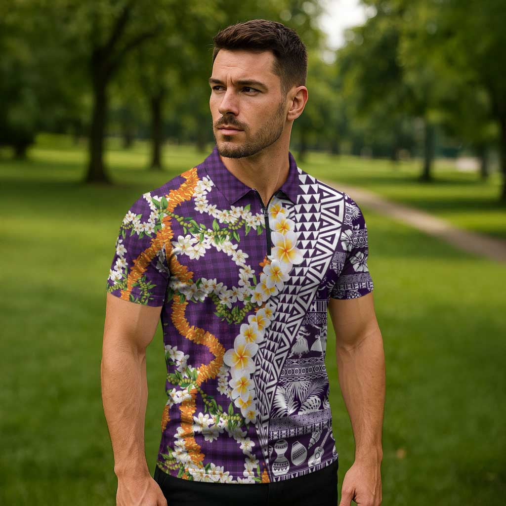 Hawaiian Plumeria Lei Zipper Polo Shirt Kakau Motifs and Palaka Half Style Purple Color - Polynesian Pride