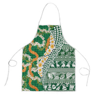 Hawaiian Plumeria Lei Apron Kakau Motifs and Palaka Half Style Green Color LT03 Green - Polynesian Pride