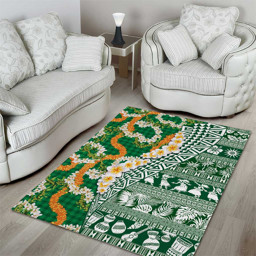 Hawaiian Plumeria Lei Area Rug Kakau Motifs and Palaka Half Style Green Color - Polynesian Pride